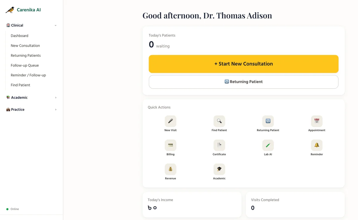 Doctor dashboard with new consultation button and quick actions